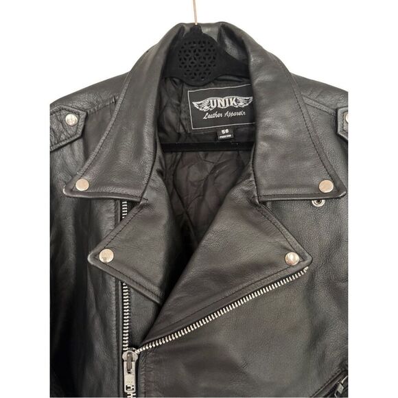 Unik Mens Black Leather Zip Front Belted Biker Motorcycle Jacket Size 56 3XL - Picture 10 of 14